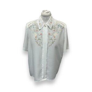 Cathy Che Women’s Button Up Blouse VTG 80s Floral Embroidery Scalloped Collar 14